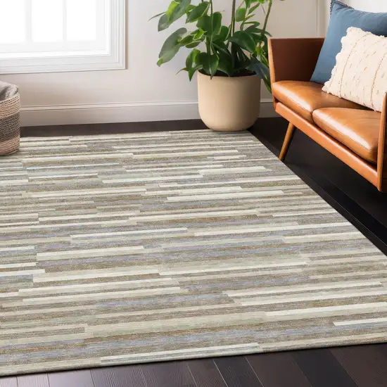 Taupe Gray And Ivory Striped Washable Indoor Outdoor Area Rug Photo 9