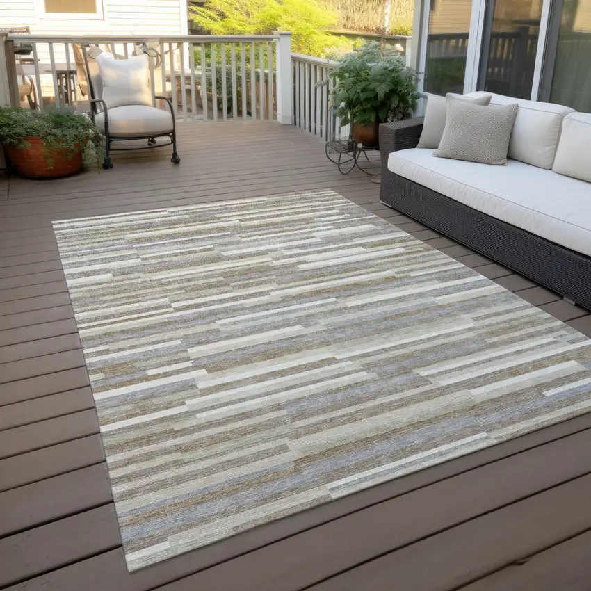 Taupe Gray And Ivory Striped Washable Indoor Outdoor Area Rug Photo 8