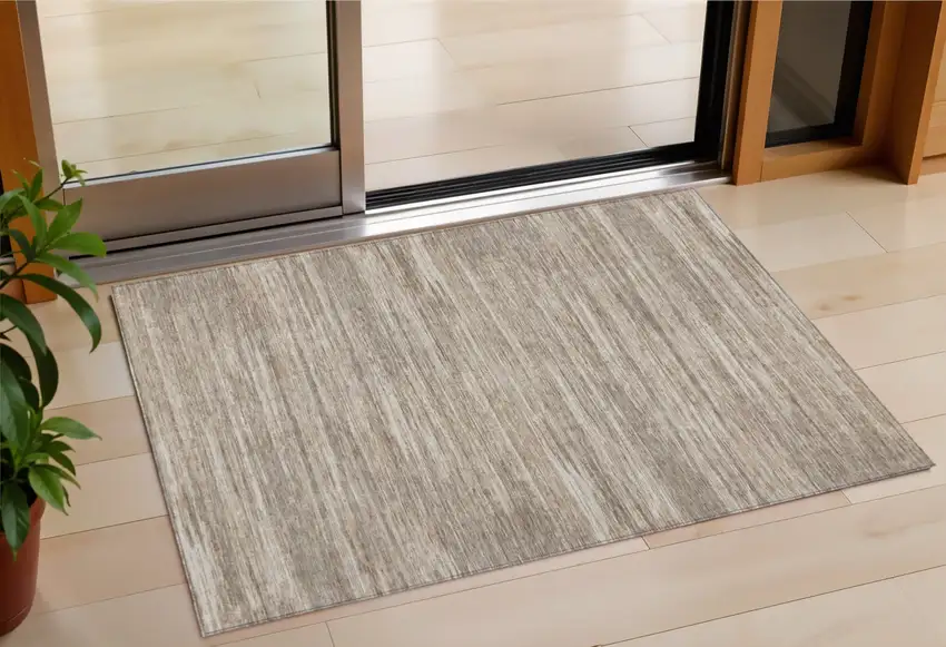 Taupe Gray And Ivory Striped Washable Indoor Outdoor Area Rug Photo 1