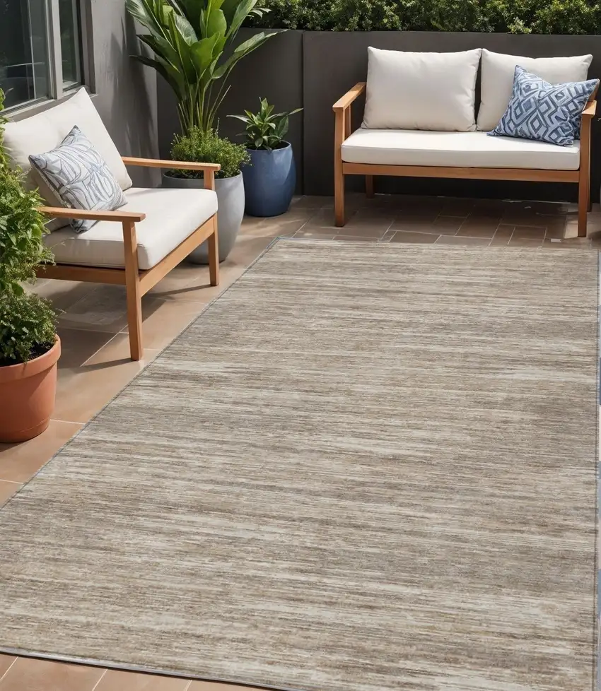 Taupe Gray And Ivory Striped Washable Indoor Outdoor Area Rug Photo 1