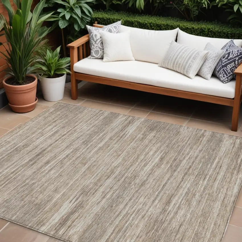 Taupe Gray And Ivory Striped Washable Indoor Outdoor Area Rug Photo 1