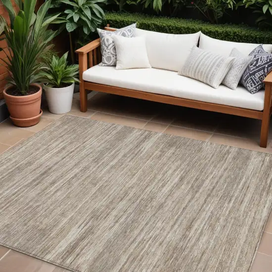 Taupe Gray And Ivory Striped Washable Indoor Outdoor Area Rug Photo 1