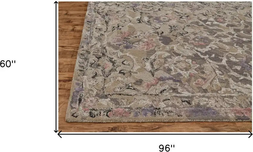 Taupe Gray And Purple Wool Abstract Tufted Handmade Stain Resistant Area Rug Photo 10