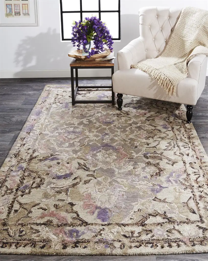 Taupe Gray And Purple Wool Abstract Tufted Handmade Stain Resistant Area Rug Photo 6