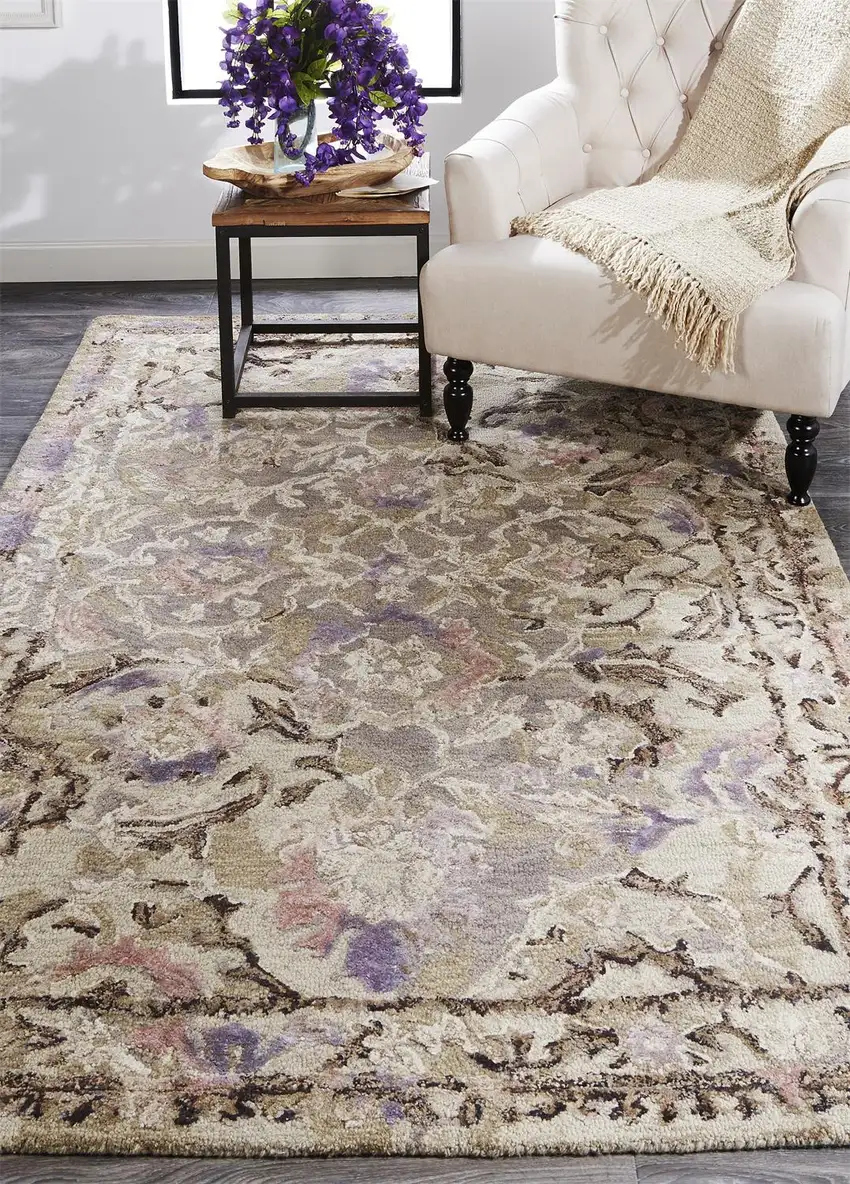 Taupe Gray And Purple Wool Abstract Tufted Handmade Stain Resistant Area Rug Photo 7