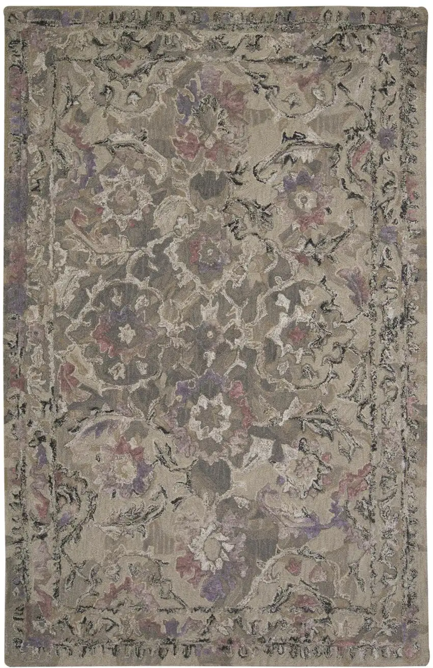 Taupe Gray And Purple Wool Abstract Tufted Handmade Stain Resistant Area Rug Photo 2