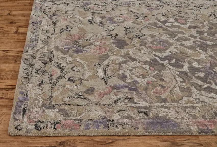 Taupe Gray And Purple Wool Abstract Tufted Handmade Stain Resistant Area Rug Photo 1