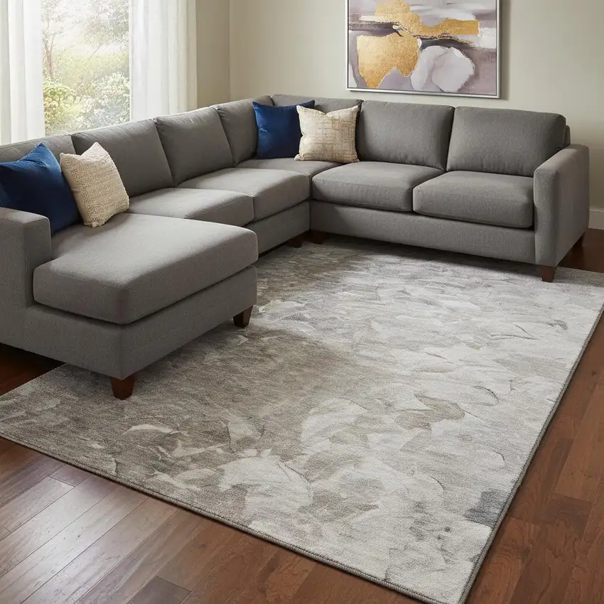 Taupe Gray And Silver Abstract Washable Area Rug With UV Protection Photo 2