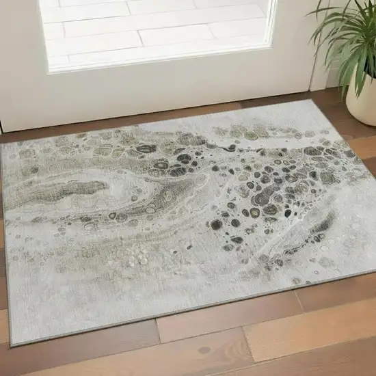 Taupe Gray And Silver Abstract Washable Area Rug With UV Protection Photo 2