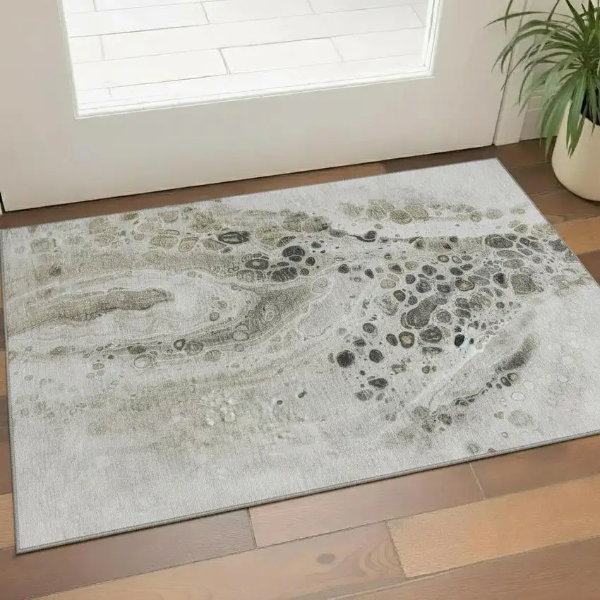 Taupe Gray And Silver Abstract Washable Area Rug With UV Protection Photo 2