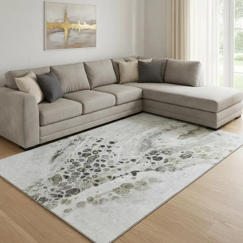 Taupe Gray And Silver Abstract Washable Area Rug With UV Protection Photo 2