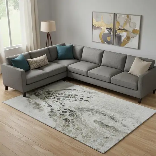 Taupe Gray And Silver Abstract Washable Area Rug With UV Protection Photo 2