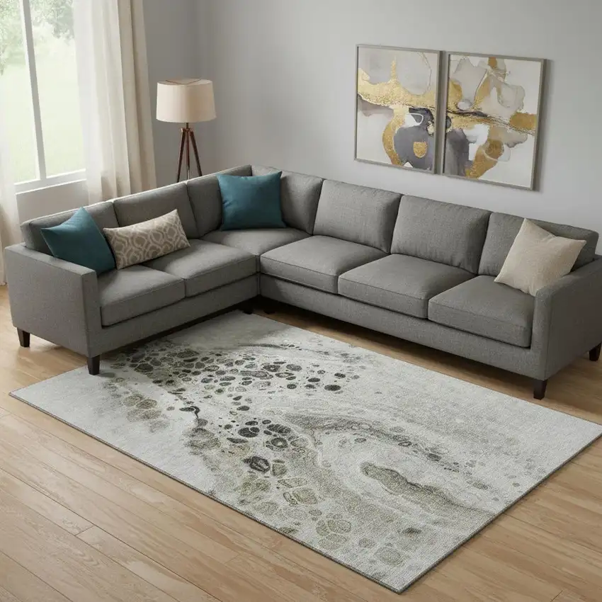 Taupe Gray And Silver Abstract Washable Area Rug With UV Protection Photo 2