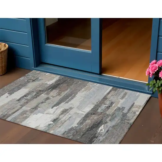 Taupe Gray And Silver Abstract Washable Indoor Outdoor Area Rug Photo 1