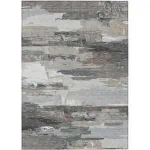 Photo of Taupe Gray And Silver Abstract Washable Indoor Outdoor Area Rug