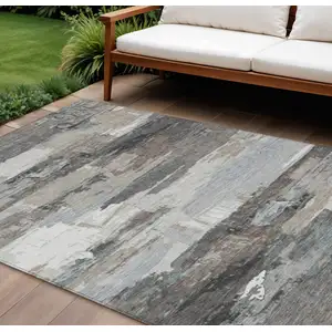 Photo of Taupe Gray And Silver Abstract Washable Indoor Outdoor Area Rug