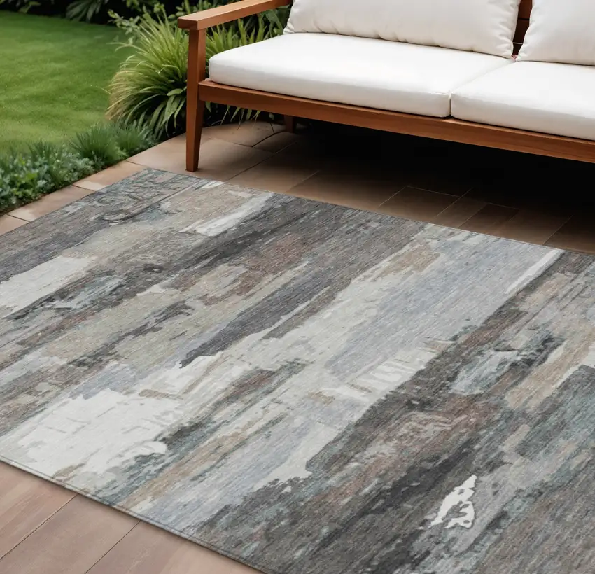 Taupe Gray And Silver Abstract Washable Indoor Outdoor Area Rug Photo 1