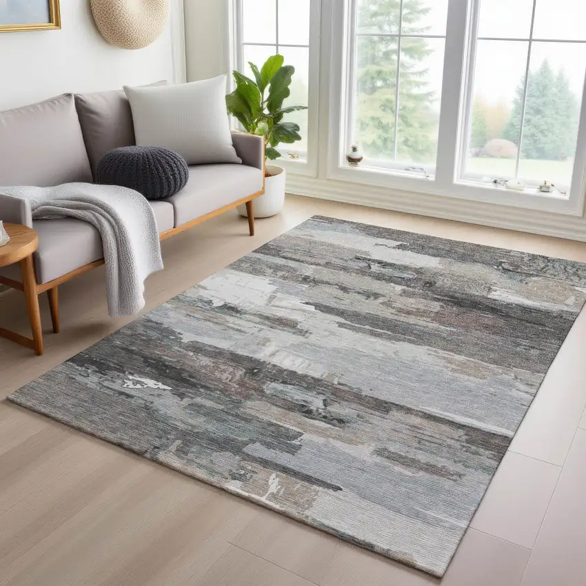 Taupe Gray And Silver Abstract Washable Indoor Outdoor Area Rug Photo 8