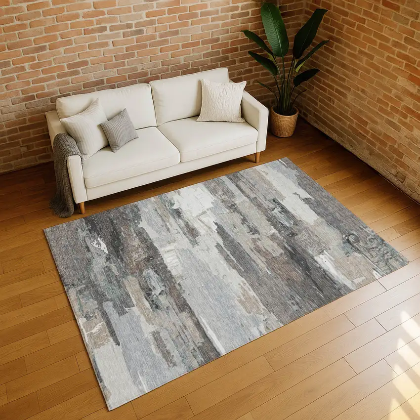 Taupe Gray And Silver Abstract Washable Indoor Outdoor Area Rug Photo 8
