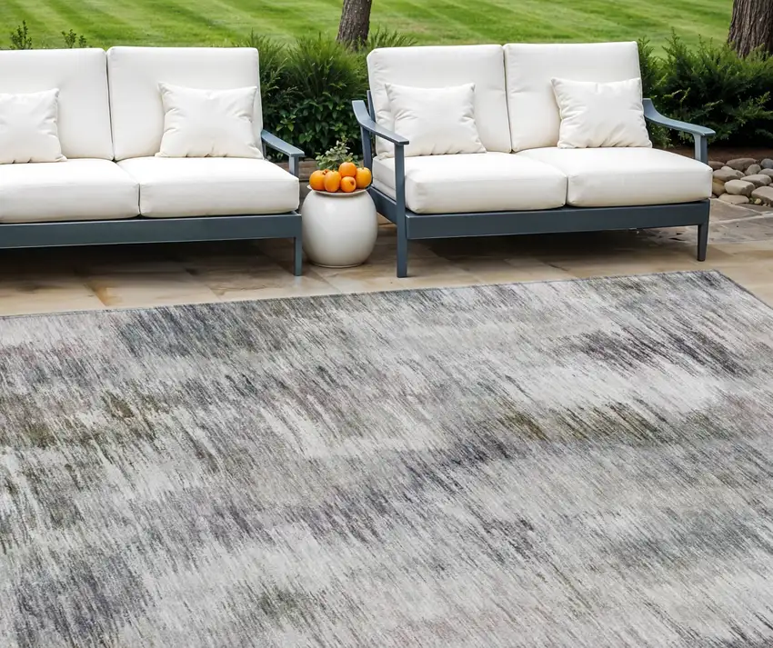 Taupe Gray And Silver Abstract Washable Indoor Outdoor Area Rug Photo 1