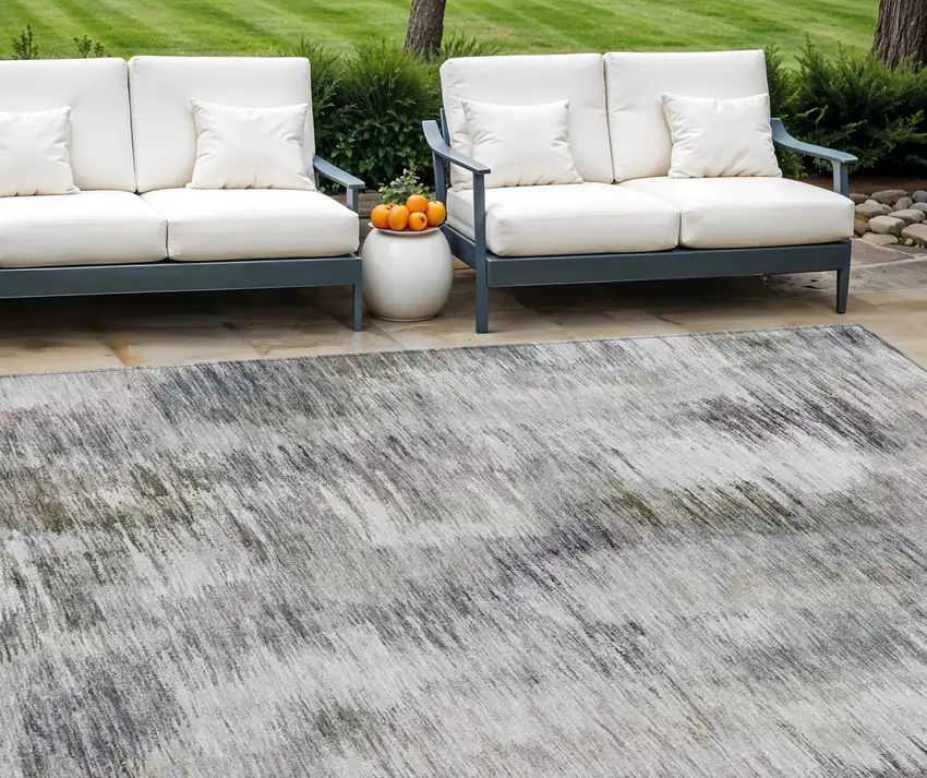 Taupe Gray And Silver Abstract Washable Indoor Outdoor Area Rug Photo 1