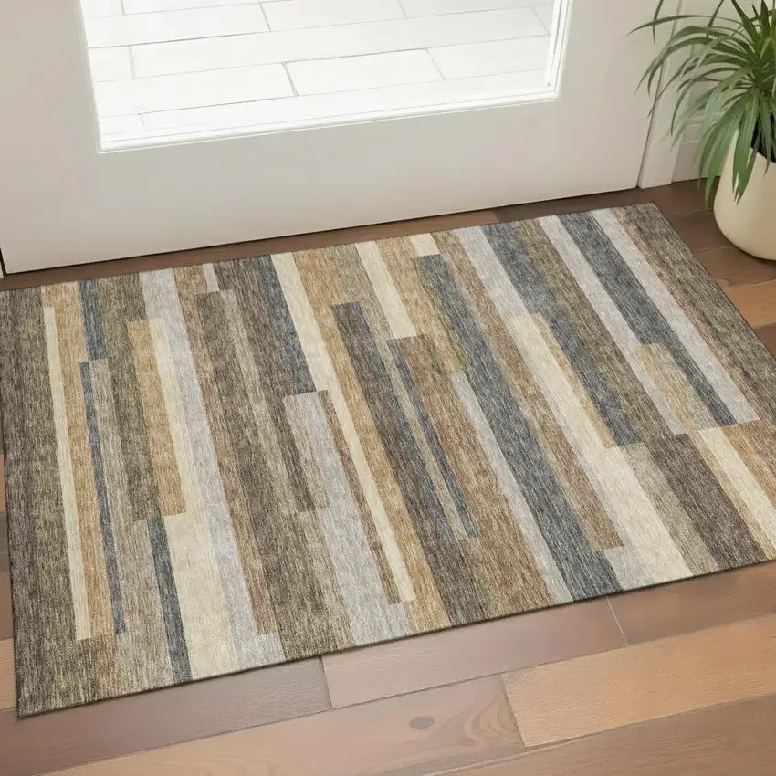 Taupe Gray And Silver Striped Washable Area Rug With UV Protection Photo 1