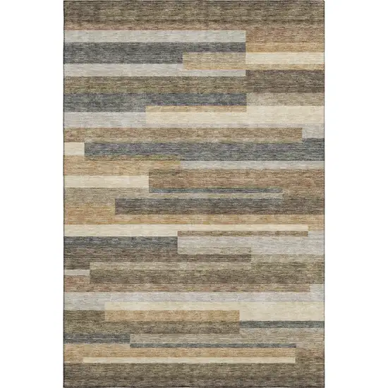 Taupe Gray And Silver Striped Washable Area Rug With UV Protection Photo 1