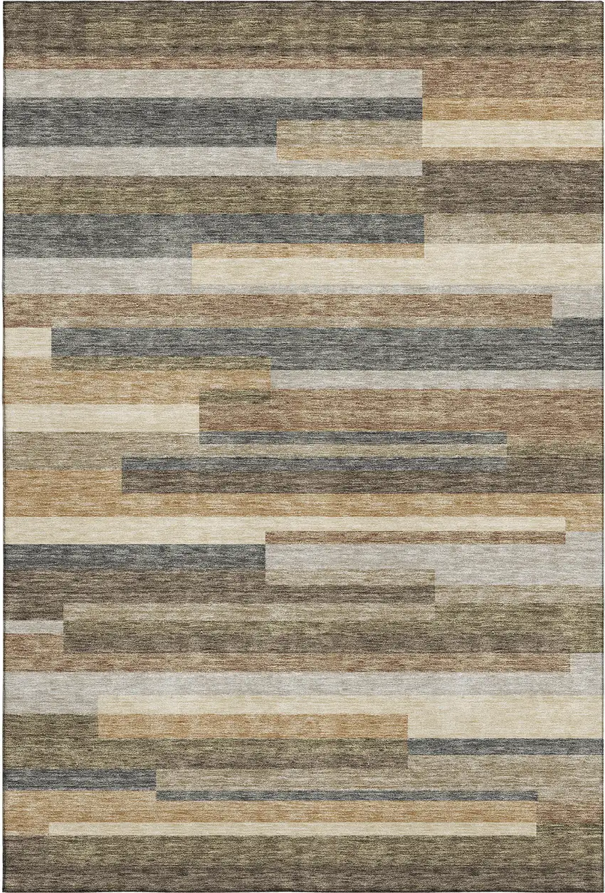 Taupe Gray And Silver Striped Washable Area Rug With UV Protection Photo 1