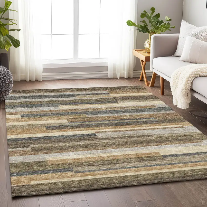 Taupe Gray And Silver Striped Washable Area Rug With UV Protection Photo 5