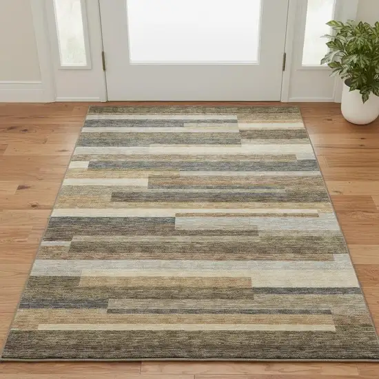 Taupe Gray And Silver Striped Washable Area Rug With UV Protection Photo 2