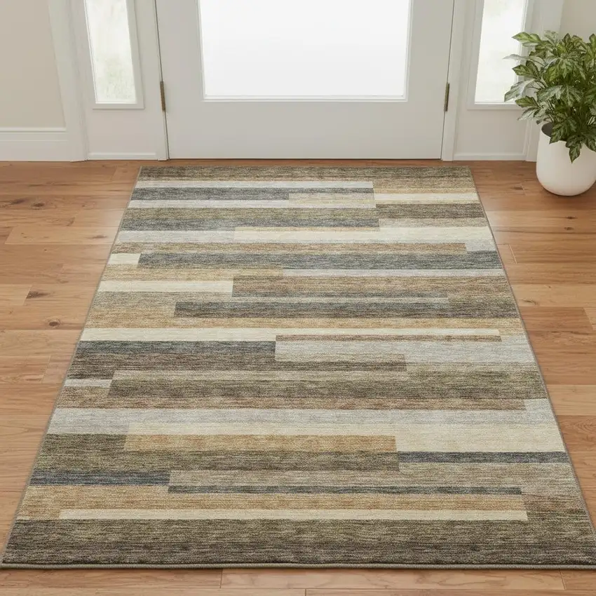Taupe Gray And Silver Striped Washable Area Rug With UV Protection Photo 2