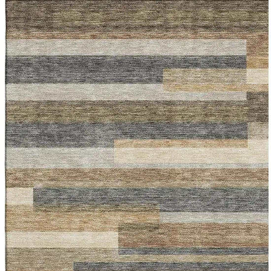 Taupe Gray And Silver Striped Washable Area Rug With UV Protection Photo 3