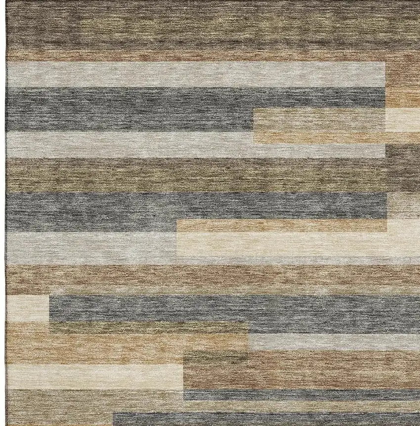 Taupe Gray And Silver Striped Washable Area Rug With UV Protection Photo 3