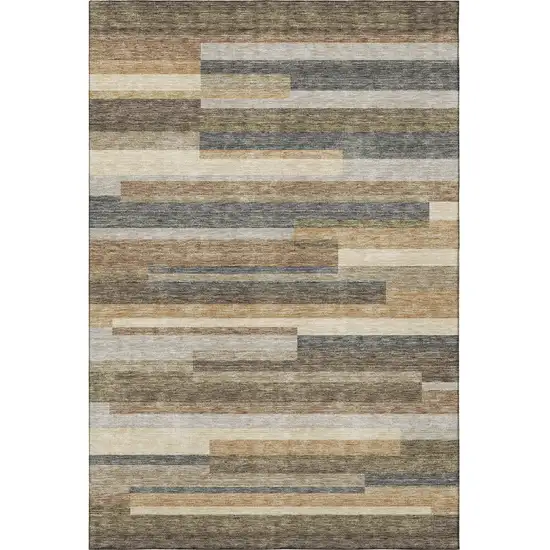Taupe Gray And Silver Striped Washable Area Rug With UV Protection Photo 4