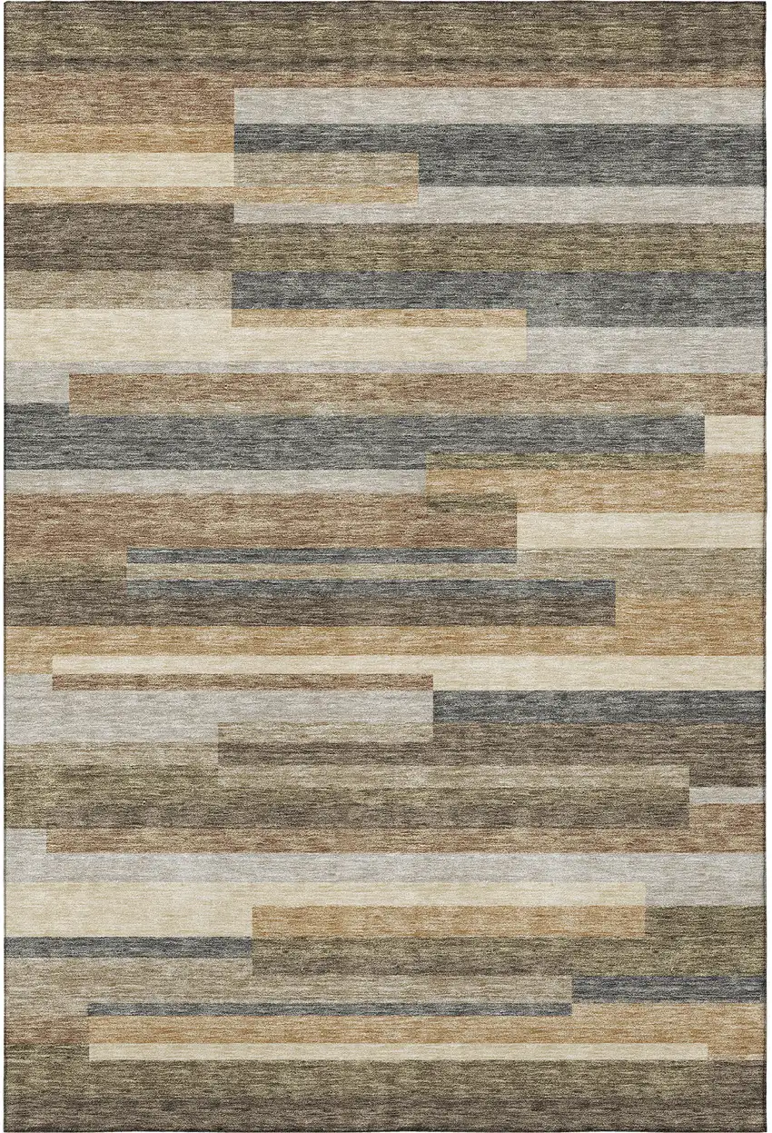 Taupe Gray And Silver Striped Washable Area Rug With UV Protection Photo 4
