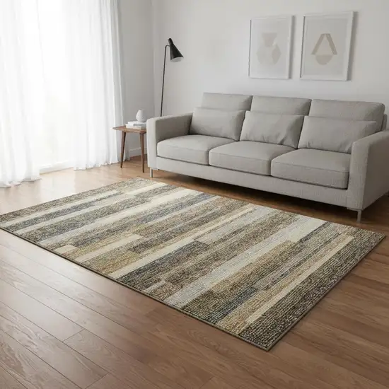 Taupe Gray And Silver Striped Washable Area Rug With UV Protection Photo 2