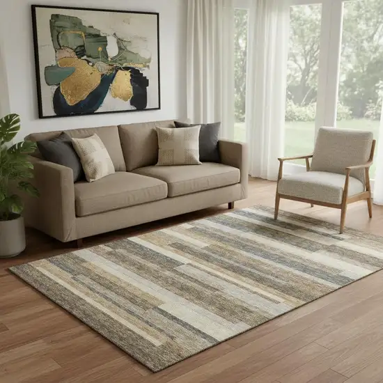 Taupe Gray And Silver Striped Washable Area Rug With UV Protection Photo 1