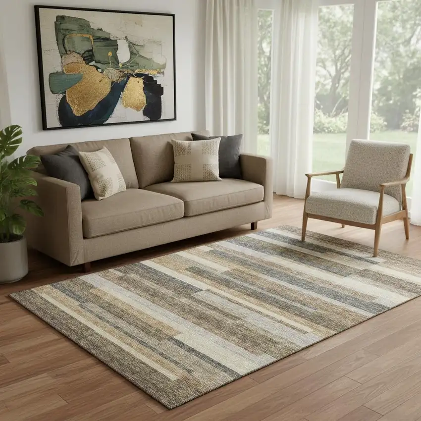 Taupe Gray And Silver Striped Washable Area Rug With UV Protection Photo 1