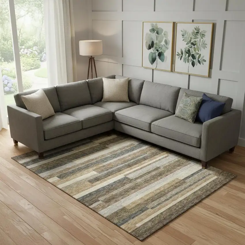 Taupe Gray And Silver Striped Washable Area Rug With UV Protection Photo 1