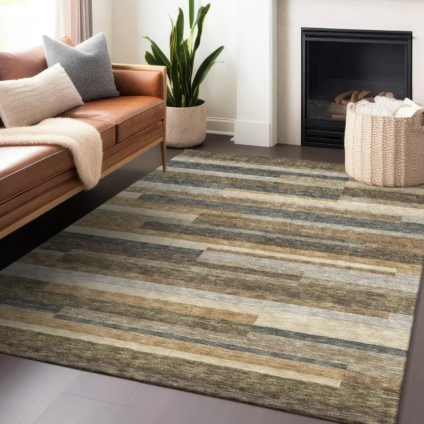 Taupe Gray And Silver Striped Washable Area Rug With UV Protection Photo 6