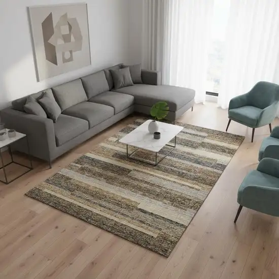 Taupe Gray And Silver Striped Washable Area Rug With UV Protection Photo 2