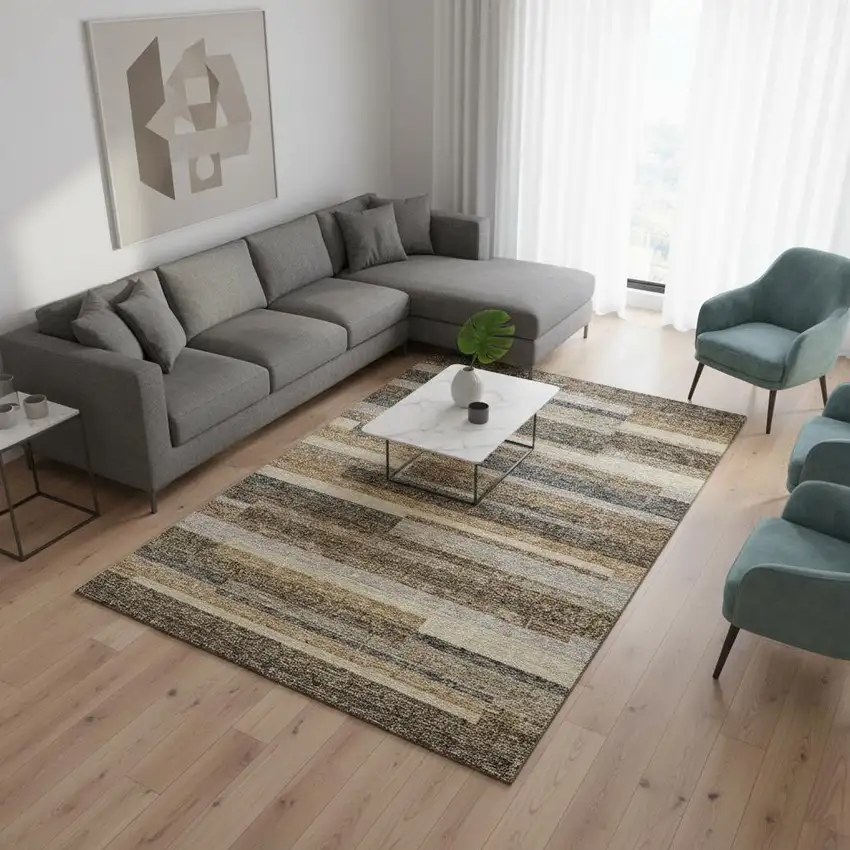 Taupe Gray And Silver Striped Washable Area Rug With UV Protection Photo 2