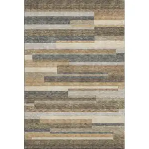 Photo of Taupe Gray And Silver Striped Washable Area Rug With UV Protection