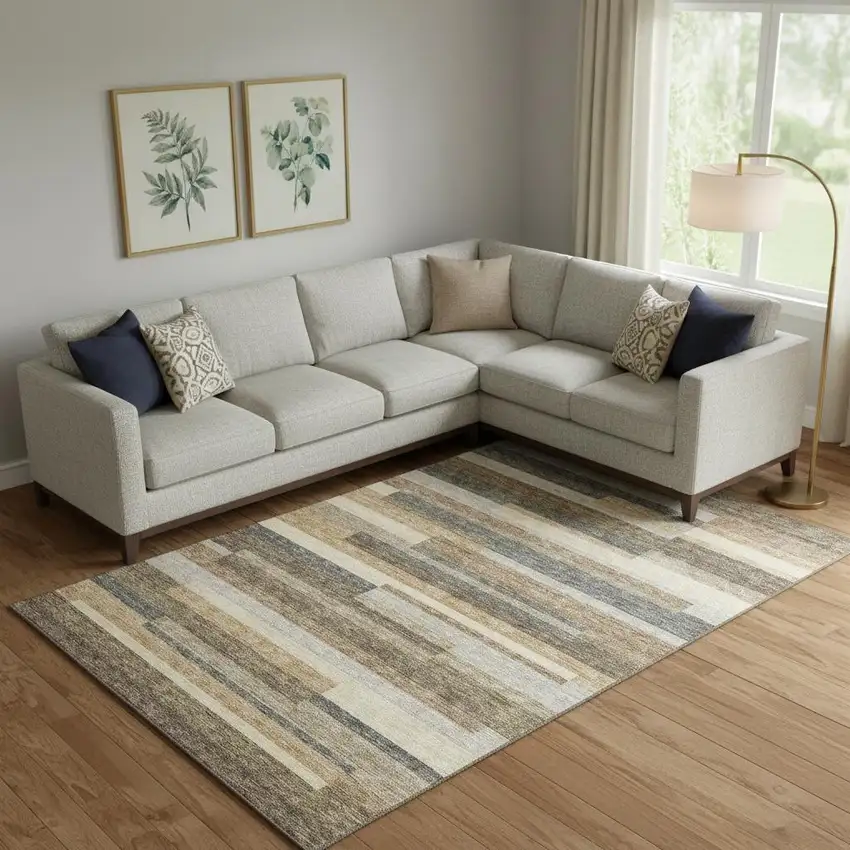 Taupe Gray And Silver Striped Washable Area Rug With UV Protection Photo 1