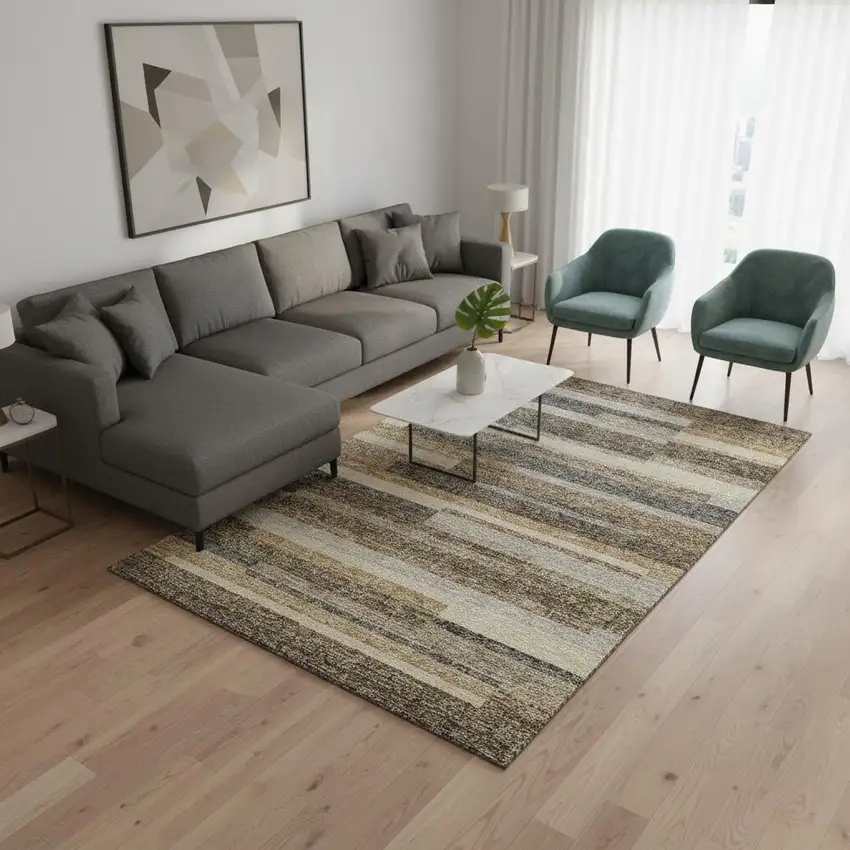 Taupe Gray And Silver Striped Washable Area Rug With UV Protection Photo 2