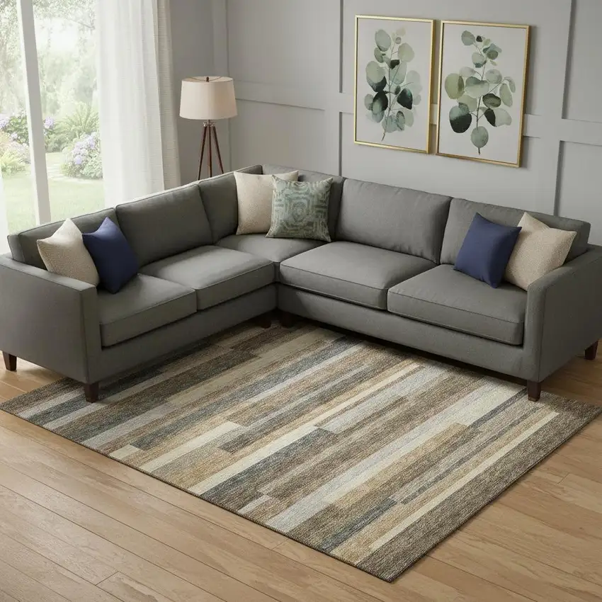 Taupe Gray And Silver Striped Washable Area Rug With UV Protection Photo 1