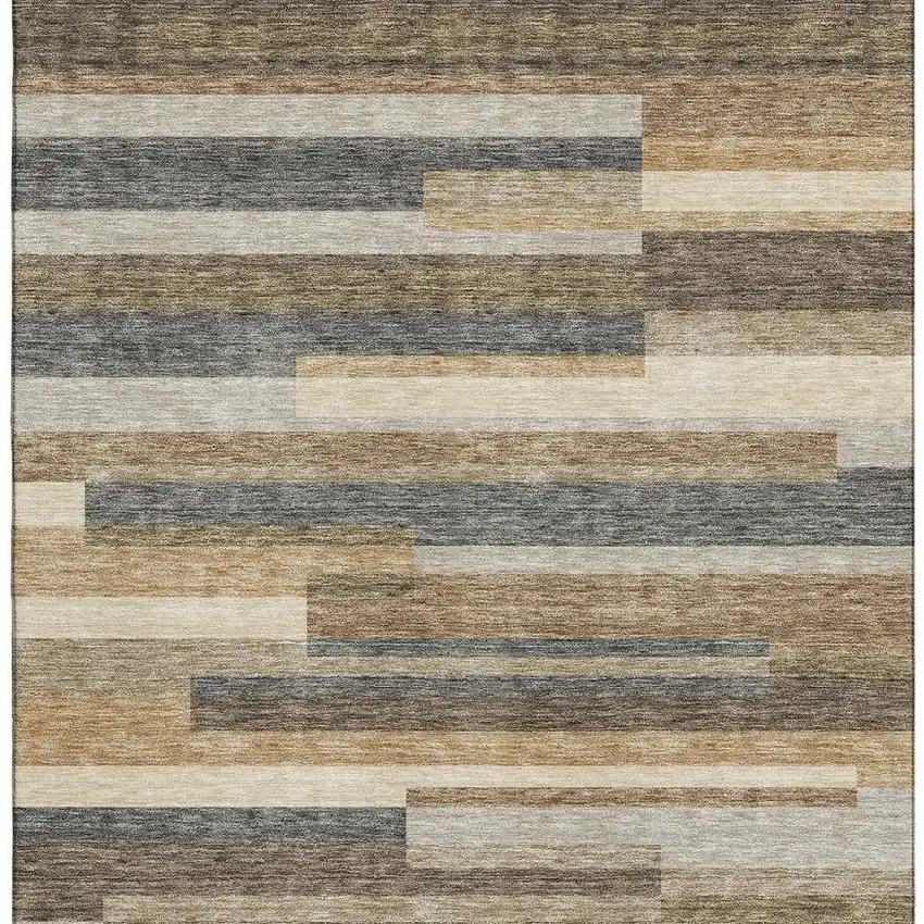 Taupe Gray And Silver Striped Washable Area Rug With UV Protection Photo 4