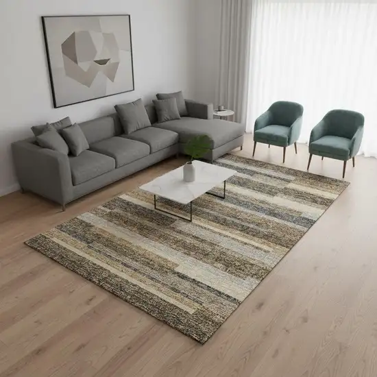 Taupe Gray And Silver Striped Washable Area Rug With UV Protection Photo 2