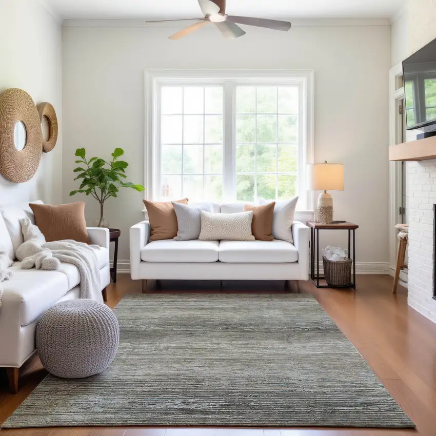 Taupe Gray And Silver Striped Washable Area Rug With UV Protection Photo 6