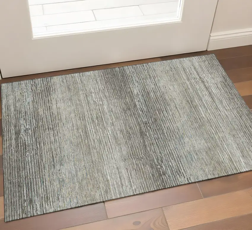 Taupe Gray And Silver Striped Washable Area Rug With UV Protection Photo 1